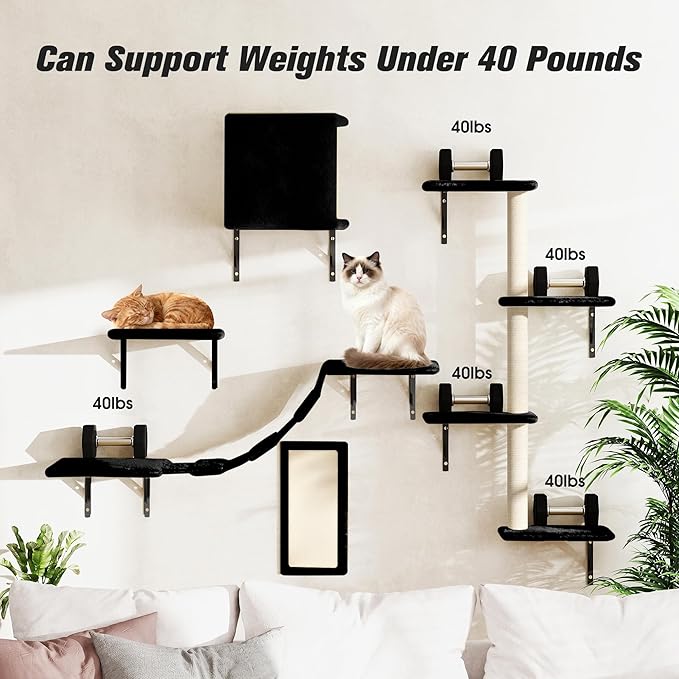 COZIWOW 5-Piece Cat Tree Set with Wall Mounted Cat Shelves, Cat Scratching Post & Cat Wall Furniture, Multi-Functional Indoor Cat Jungle Gym, Essential for Cat Room, Suitable for Large Cats (Black)