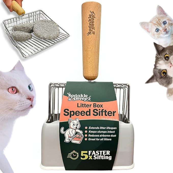 Cat Litter Scoop, Metal Litter Scooper – 5X Faster No-Shake Sifting Design, Stainless Steel Litter Scoop with Holder, Reduces Dust & Waste – Sprinkle & Sweep