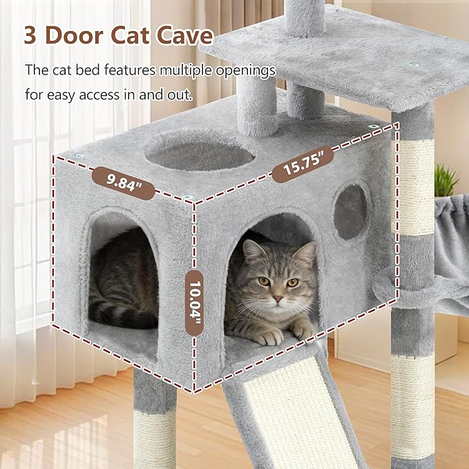 Gitelsnour Cat Tree, 42.1" Cat Tower for Indoor Kittens with Scratching Board and Posts, Multi-Level Cozy Cat Condo with 2 Perches, Hammock, Balls, Light Gray GCT005SW