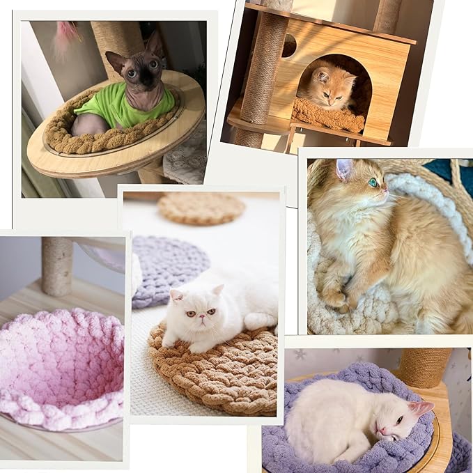 Cat Self-Warming Knitted Bed Mat, Extra-Soft Warm Round Washable Pads Cushions for Indoor Kittens & Kitty Small Pets Cat Trees (Caramel,Small)