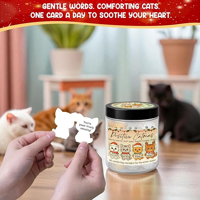 Positive Catmas Jar – 60 Affirmation Cards for Anxiety & Self Care, Gifts for People Who Love Cats, Cat Gifts for Women, Teens, Friends, Sisters, Emotional Support Cats, Christmas Gift Ideas Stocking Stuffers