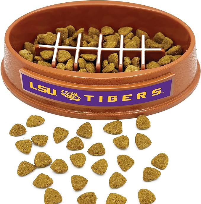 NCAA Super-Bowl - LSU Tigers Slow Feeder Dog Bowl. Football Design Slow Feeding Cat Bowl for Healthy Digestion. Non-Slip Pet Bowl for Large & Small Dogs & Cats