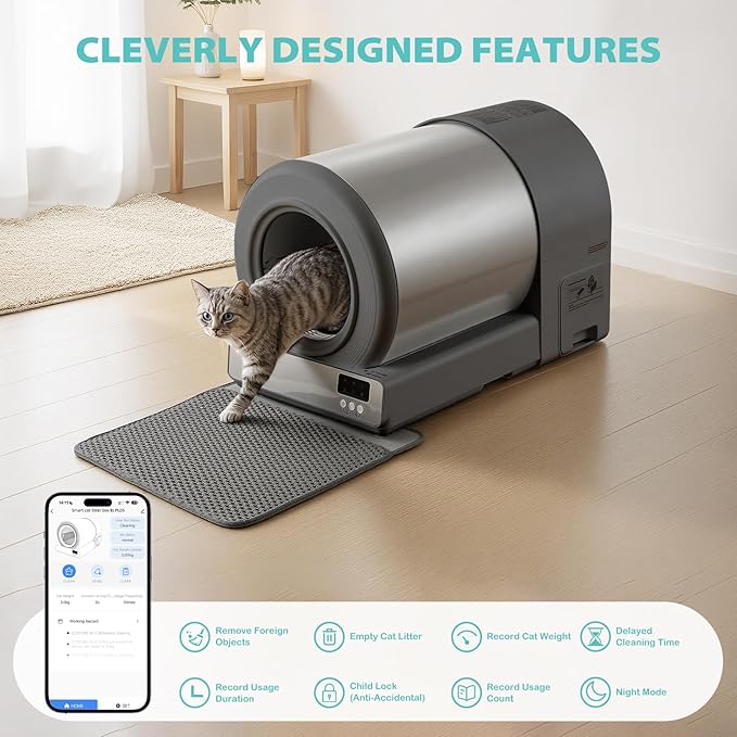 Stainless Steel Self-Cleaning Cat Litter Box, Smart APP Control Automatic Litter Box with Safety Sensors, Odor Control, Low-Entry, Large Capacity Design for Multiple Cats (Grey)