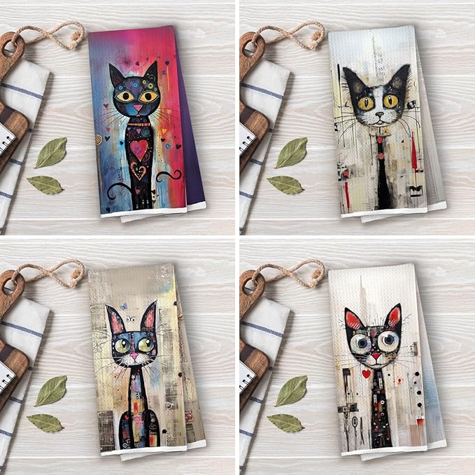 Black Cat Kitchen Towels Set - Cat Lovers Mom Gifts Waffle Decorative Dish Towels, Abstract Whimsical Kitten Hand Towel for Bathroom, Tea Towel, 16x24 Inch