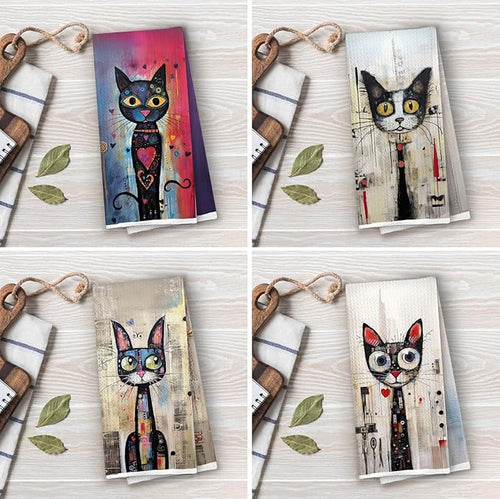 Black Cat Kitchen Towels Set - Cat Lovers Mom Gifts Waffle Decorative Dish Towels, Abstract Whimsical Kitten Hand Towel for Bathroom, Tea Towel, 16x24 Inch