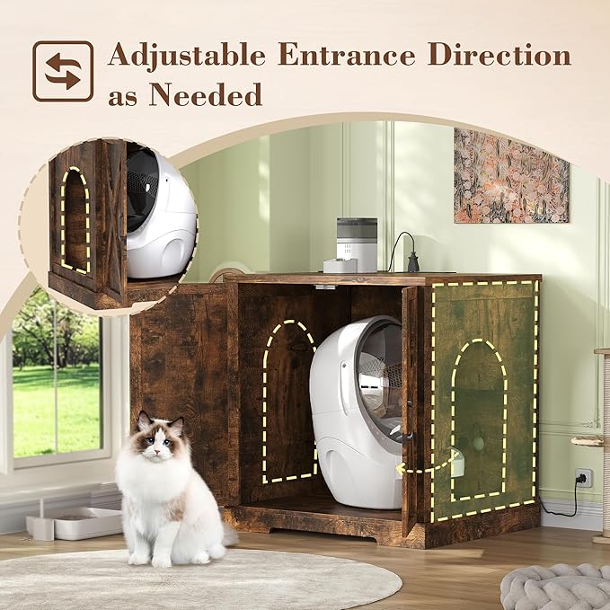 Heybly Litter Box Enclosure,Large Robot Cabinet with Charging Station,Wooden Cat Litter Box Enclosure Furniture for Self-Cleaning Robot 3 & 4,Hidden for Smart Litter Box Size, Rustic Brown HCLB004SR