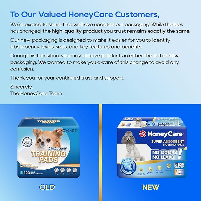 Honey Care All-Absorb, Small 17.5" x 23.5", 120 Count, Dog and Puppy Training Pads, Ultra Absorbent and Odor Eliminating, Leak-Proof 5-Layer Potty Training Pads with Quick-Dry Surface, Blue, A05