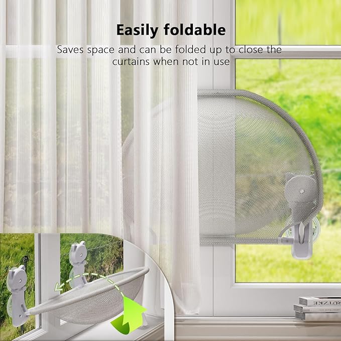 JUNSPOW Cat Window Perch Cordless, Foldable & Stable Cat Beds- Breathable Cat Window Hammock for Overlooking, Sunbathing and Climbing - Maximum Hold Up to 40lb