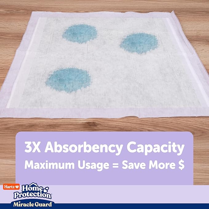 Hartz Miracle Guard Dog and Puppy Dog Pads Max Absorbency 24 Hour Use Odor Eliminating Lavender Scented No Leaks, Regular Size 25 Count