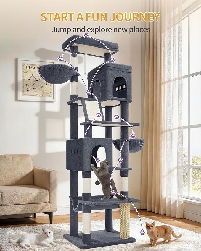 Hzuaneri Large Sturdy Cat Tree Tower, 84 Inch Tall Pet Condo for 7 Large Cats, Cat Tree Indoor Climbing Activity Tower, 2 Large Platform/2 Cave/2 Hanging Basket/5 Scratching Post, Dark Grey MS21318SG
