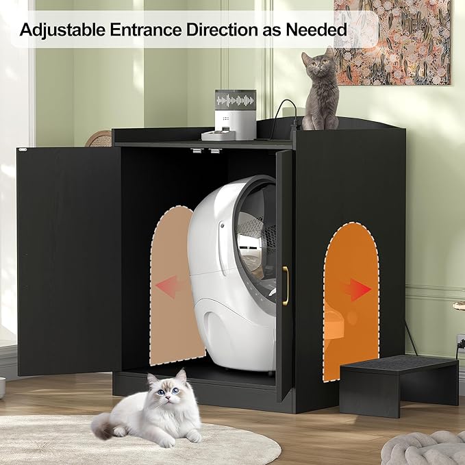 Heybly Litter box Enclosure,large Cabinet with Charging Station,Wooden Cat Litter Box Enclosure Furniture for Self-Cleaning Robot 3 & 4,Hidden for Smart Litter Box Size for senior cats,Black HCLB005BK