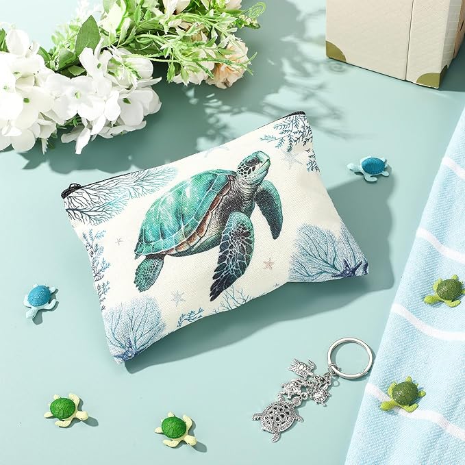 Sea Turtle Lover Gifts for Women Birthday Gifts Baskets Set Include Canvas Tote Bag, Makeup Bag, Socks, Keychain, Enamel Mug, Small Figurines for Mom, Wife, Sister, Friend