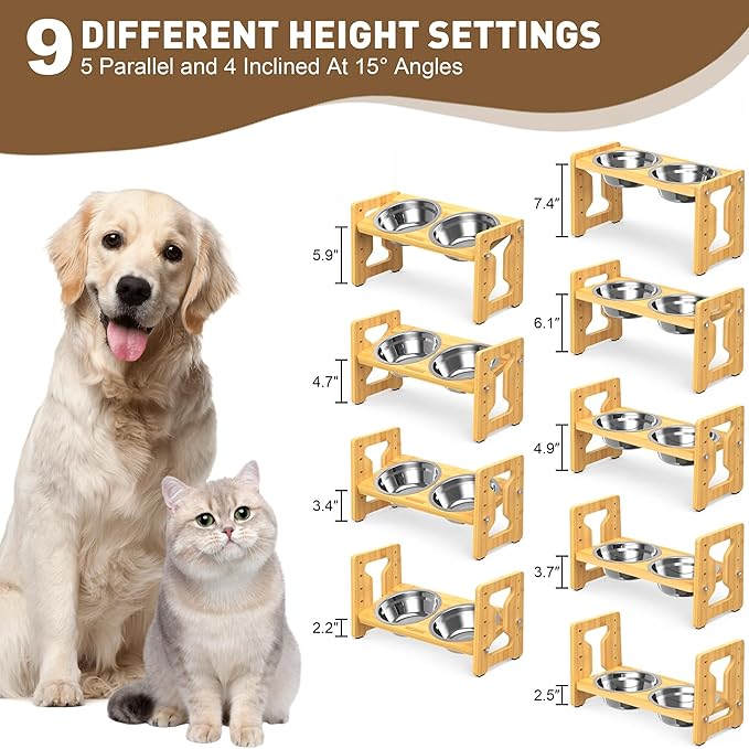 Adjustable Elevated Dog Bowls Raised Dog Bowl Natural Bamboo Stand with 2 Stainless Steel Food Bowls Non-Slip Feeder for Small Dogs and Cats (Natural)