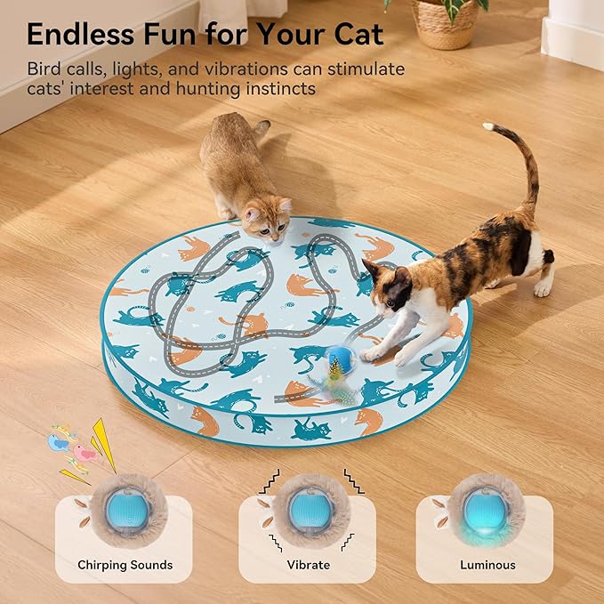 Interactive Cat Toy Ball, Hide and Seek Cat Toys in Play Mat, Moving Rolling Kitten Toys for Indoor Bored Cats, Motion Activated Rechargeable Kitty Toys with 3 Tails/LED Light/Bird Chirping