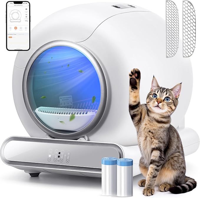 Self Cleaning Cat Litter Box, 65 L+ 9L Automatic Litter Box Self Cleaning for Multiple Cats, Safety Sensors, Quiet Operation, APP Control, 2 Sifters Included, 2 Rolls Cat Litter Box Liners