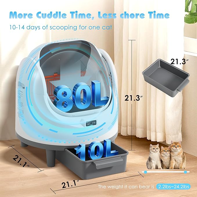 Automatic Cat Litter Box, Self Cleaning Litter Box with APP Control for Multiple Cats, Large Robot Kitty Litter Box with Safety Sensors, Odor Removal, 2 Roll Garbage Bags, 90L Open-Top Design