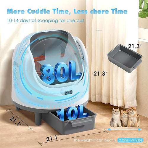 Automatic Cat Litter Box, Self Cleaning Litter Box with APP Control for Multiple Cats, Large Robot Kitty Litter Box with Safety Sensors, Odor Removal, 2 Roll Garbage Bags, 90L Open-Top Design