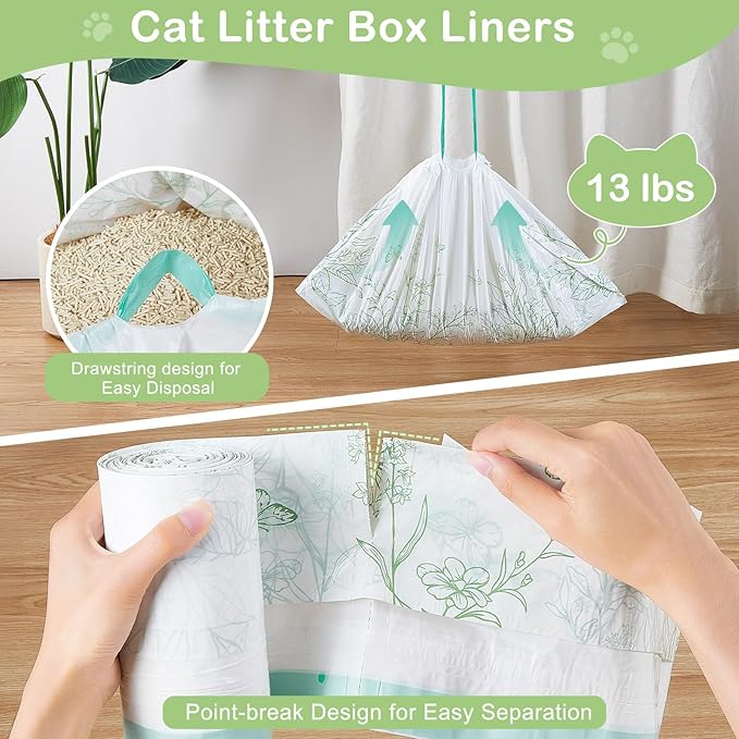 Glittme Heavy Duty Cat Litter Box Liners 26"x16" - Drawstring Litter Bags for Automatic Self-Cleaning Litter Boxes -Thick & Tear Resistant Refills for Small Trays (60 Counts)