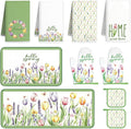 10 Pcs Tulip Floral Spring Style Kitchen Decor and Accessories Set 4 Kitchen Towels 2 Pot Holders 2 Oven Mitts 2 Rugs for Cooking Baking Mom Housewarming Gifts(Green and White)