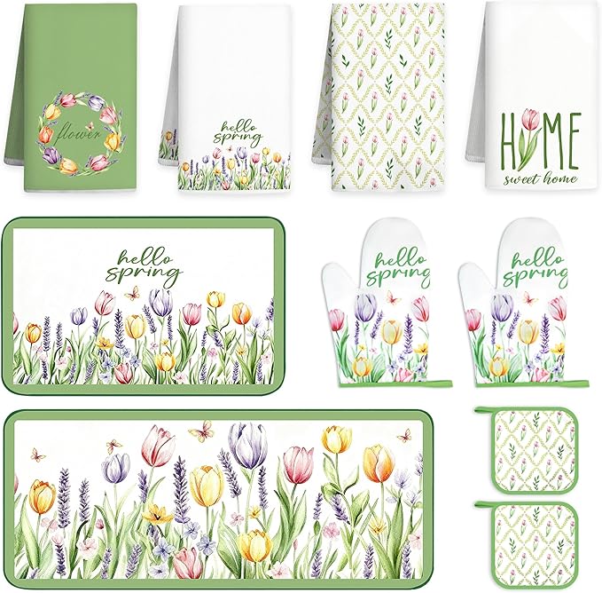 10 Pcs Tulip Floral Spring Style Kitchen Decor and Accessories Set 4 Kitchen Towels 2 Pot Holders 2 Oven Mitts 2 Rugs for Cooking Baking Mom Housewarming Gifts(Green and White)