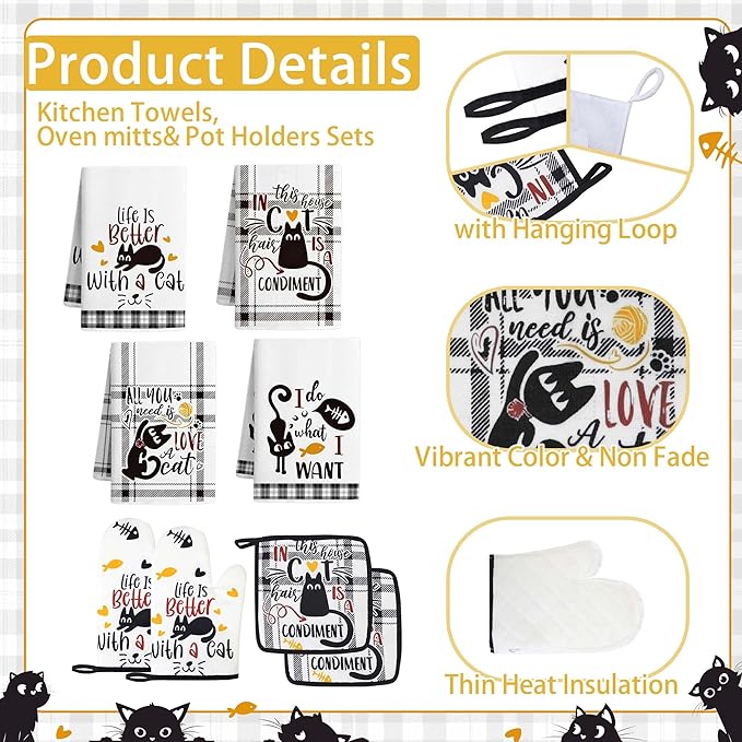 10 Pcs Black Cat Themed Kitchen Decor and Accessories - Sets 4 Kitchen Towels 2 Pot Holders 2 Oven Mitts 2 Rugs for Bathroom Cute Kitty Cooking Farmhome Housewarm Kitten Checkered Baking Gifts