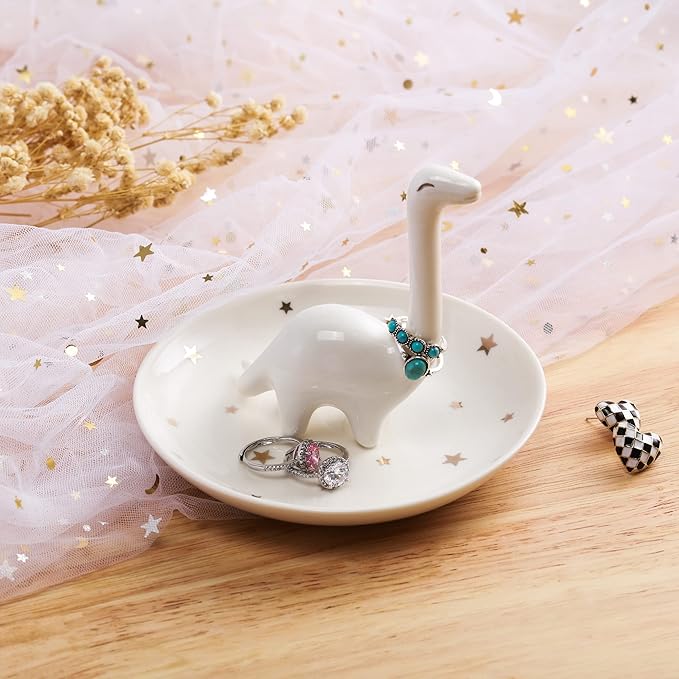 PUDDING CABIN White Dinosaur Ring Holder - Unique Jewelry Dish Tray for Rings, Earrings, Bracelets Organizer - Cute Gifts for Women, Girls, Her Birthday, Christmas, Wedding Gifts