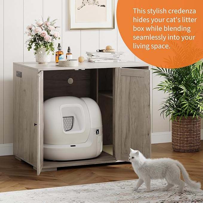 IDEALHOUSE Cat Litter Enclosure for Placing Self-Cleaning Litter Box,Power Outlet and Dog-Proof Shelf, Litter Box Cabinet,Litter Enclosure for Automatic Litter Box