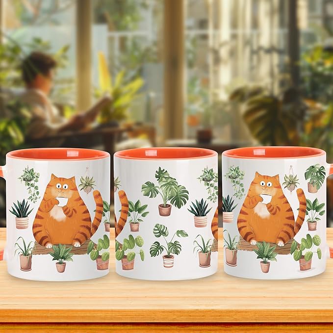 Hyturtle Cute Orange Cat Coffee Mug, Christmas Gifts For Cat Mom, Plant Decor Gift For Plant Lovers, Gardening Birthday Gift for Girls, Gardener Present 11oz Two Tone Orange White Ceramic Tea Mug Cup