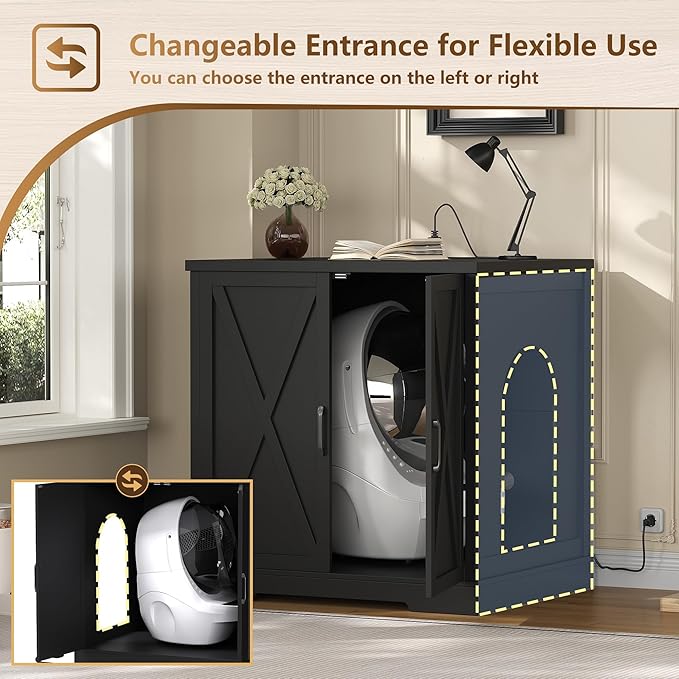 Hey-brother Enclosure for Self Cleaning Cat Litter Box, Large Hidden Litter Box Furniture with Charging Station, Suitable for Automatic Cats Litter Boxes and Robot, Vintage, Black JCLB004BK