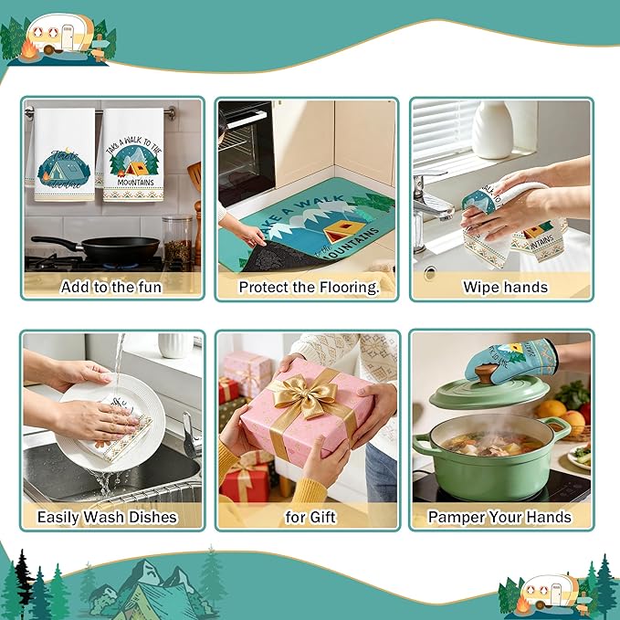 10 Pcs Camping Kitchen Decor and Accessories - Sets 4 Kitchen Towels 2 Pot Holders 2 Oven Mitts 2 Rugs for Kitchen Bathroom Home Funny Cooking Farmhome Housewarming Baking Gifts for Rv Campers