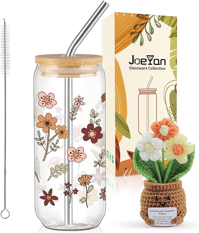 Joeyan Glass Cup with Lid and Straw, Iced Coffee Cups with Positive Crochet Potted Plant Doll, Boho Floral Tumbler for Smoothie Boba Tea, Emotional Support Birthday Mothers Day Gift for Women Mom Her