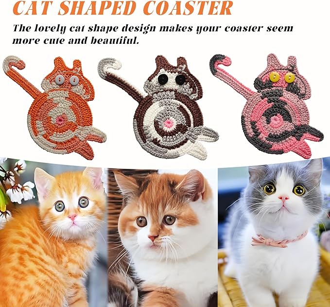4PCS Cute Cat Cup Coasters, Gifts for Cats Lovers, Cat Coaster Woven Creative Knitted Coasters Funny Drink Insulation Coffee and Tea Coaster Table Protection Desktop Gifts
