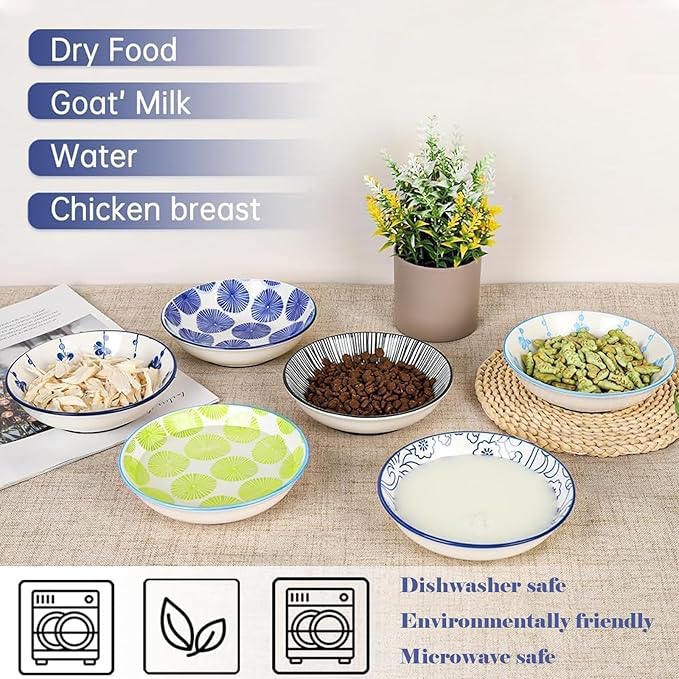 Ceramic Cat Bowls with Non-Slip Silicone Bottom,Prevent Whisker Fatigue,Reduce Mess,Wide Cat Bowls for Indoor Cats,6 Colorful Set for Daily Feeding Gift Choice (Classic)