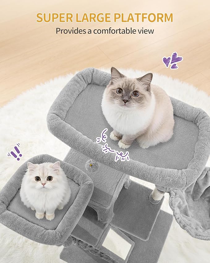 Hzuaneri Large Cat Tree, 72 Inch Tall Indoor Cat Tower for 6 Large Cats, Corner Climbing Activity Pet Condo with 2 Large Platforms/2 Cats House/6 Scratching Post/1 Hanging Basket, Light Gray MS18318LG