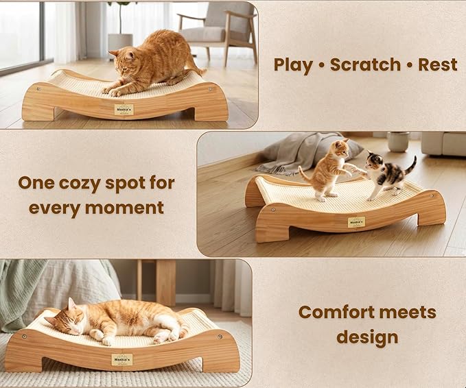 Mookie’s 26.5”x16.7” Extra Large Cat Scratcher Bed | Wooden Cat Couch with Natural Sisal | Cat Lounge Scratching Pad for Large Indoor Cats | Durable Horizontal Scratcher Furniture for Cats