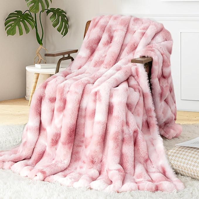 Touchat Luxury Faux Rabbit Fur Throw Blanket for Couch, Super Heavy Warm Cozy Blanket for Sofa Bedroom Living Room, Ultra Soft Fluffy Reversible Plush Blanket for Home Decor Gifts, Tie-dye Pink