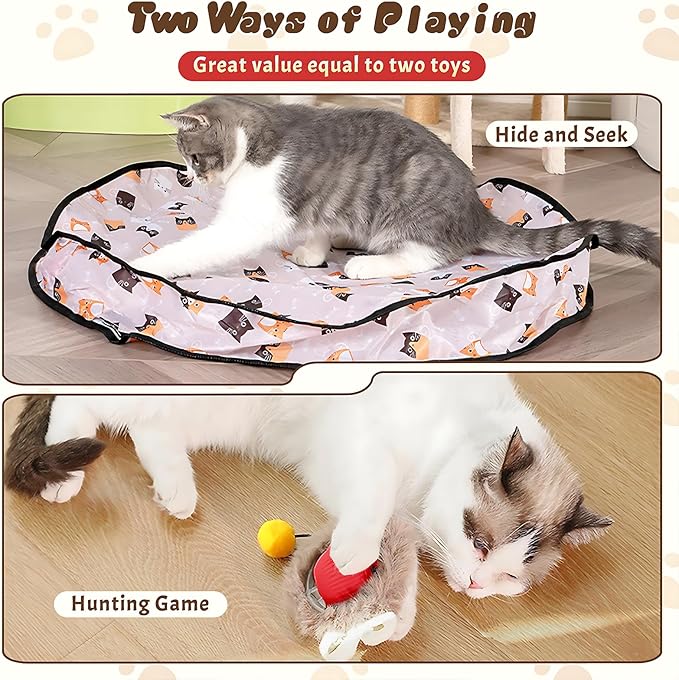 Interactive Cat Toys with Fast Rolling Cat Ball in Pouch, Rechargeable Smart Motion Hunting Toy, Activated Moving Ball Hide and Seek Exercise Game for Indoor Bored Cats Stress Relief