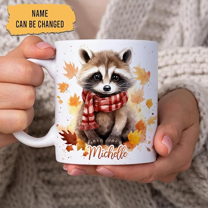 Hyturtle Personalized Fall Raccoon Maple Leaves Coffee Mug - Birthday Gifts For Raccoon Lovers - Fall Autumn Decor Gifts For Farmhouse Thanksgiving - Custom Name 11oz White Ceramic Coffee Tea Mug