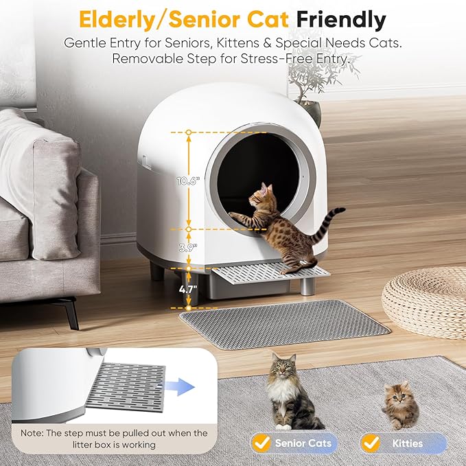 Automatic Self Cleaning Litter Box for Multiple Cats 90L Large Capacity, Smart Automatic Cat Litter Box with App Control, Health Monitoring, Integrated Safety Sensors, Odor Removal, Mat (White)