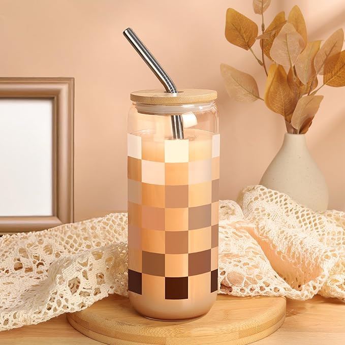 Joeyan Checkered Glass Cups with Lids and Straws - 20oz Iced Coffee Cup with Positive Crochet Mug, Cute Glass Tumbler for Smoothie Boba Tea, Inspirational Coffee Gifts, Birthday Mothers Day Gift