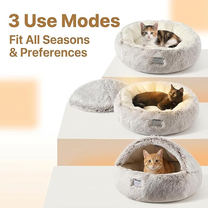 Hooded Dog Bed, Cat Cave Bed with Removable Hood, 2-in-1 Convertible Donut Cat Bed, All Season Fluffy Pet Bed for Cats Small Dogs (Cave Bed - Coffee Color, Large Size 23.6 in)
