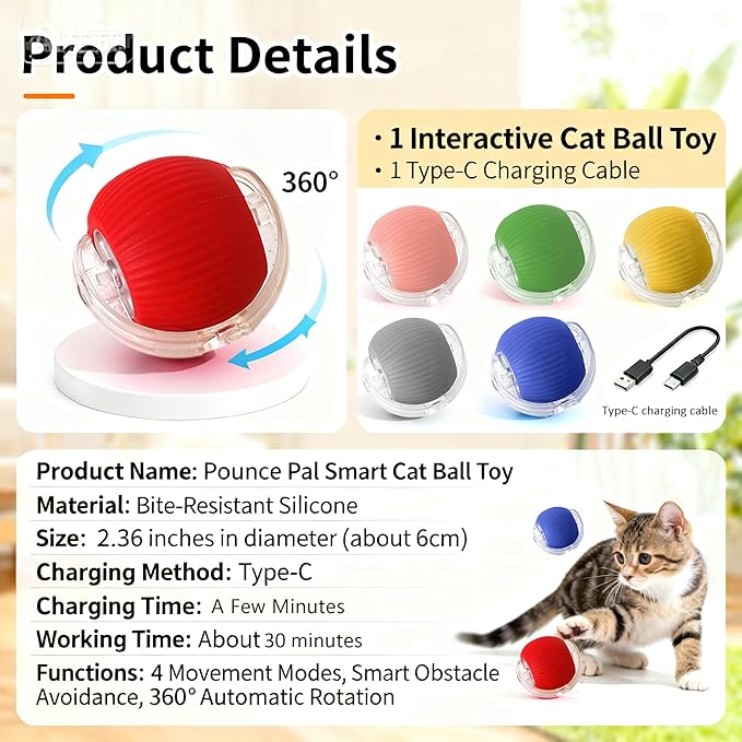 Cat Toy, 360° Automatic Rolling Smart Pet Ball Toys, Motion-Activated, Rechargeable, Four Modes, Three Speed Adjustment, Solve Your Cat's Boredom in Seconds (Pink)