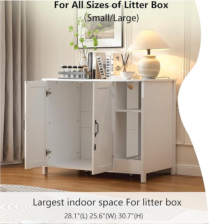 Large Cat Litter Enclosure with Litter Collector,Enclosure for self-Cleaning Litter Boxes,Adjustable Shelf for Dog Proof,Outlet,Locks Added for cat,Cat Washroom Cabinet,Cloud White
