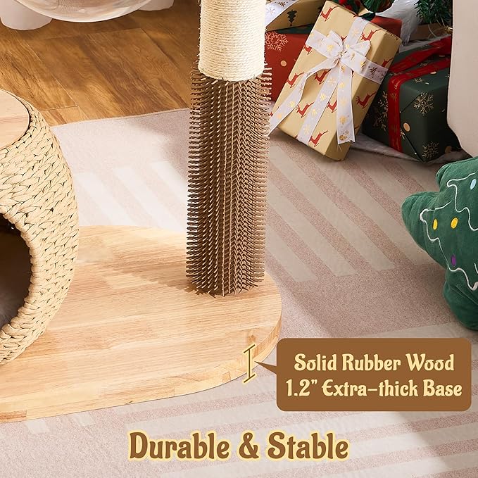 38" Modern Cat Tree Tower for Indoor Cats, Solid Wood Cat Furniture with Handwoven Rattan Basket Bed & Cave, Capsule Nest, Sisal Scratching Posts and Self-Groomer, Space-Saving Cat Condo