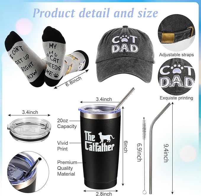 8 Pieces Cat Dad Gifts for Dad, for Dad,Cat Gift for Cat Lovers Including Tumbler Socks Keychain Hat Bottle Opener Greeting Cards Sented Candle