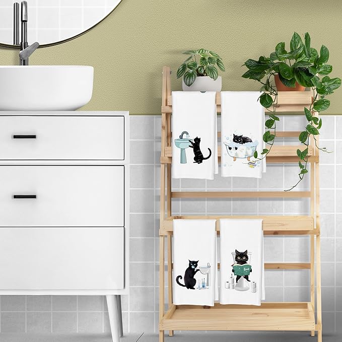Jvpke Funny cat Hand Towel for Bathroom Set of 4 - Black Cat Decor, Cat Towels for Cat Lovers, cat Lover Gifts for Women, Cat Bathroom Decor, Black cat Gifts for Women cat Lovers, 16x24