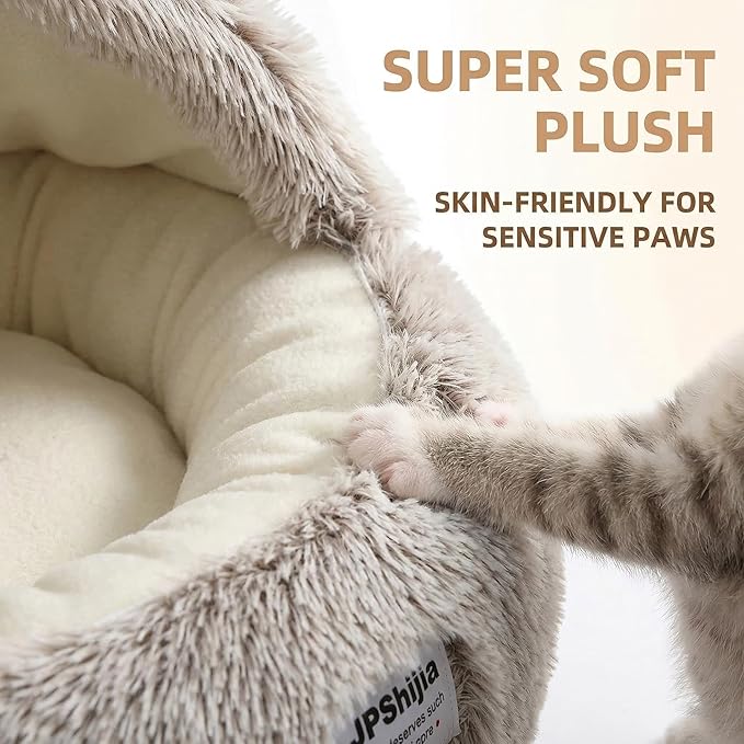 Hooded Dog Bed, Cat Cave Bed with Removable Hood, 2-in-1 Convertible Donut Cat Bed, All Season Fluffy Pet Bed for Cats Small Dogs (Cave Bed - Coffee Color, Medium 19.7 Inches)