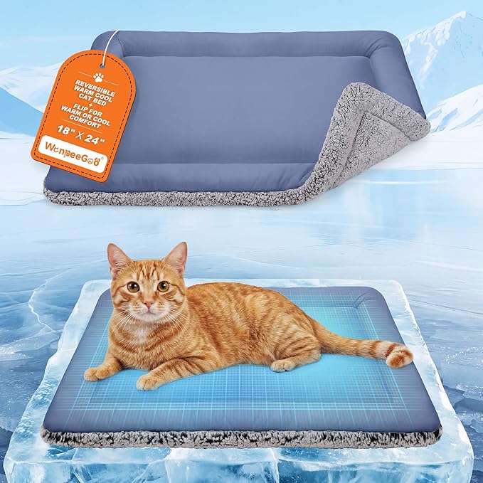 Self Warming Cat Bed, Reversible Warming Cooling Cat Bed, Winter Warm Cats Pad & Summer Cooling Cats Mat, Soft Pet Mat for Kitty & Small Dogs, Perfect for Crates, Beds, Sofas, Dark Blue, 18"x24"