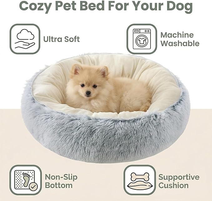 Calming Donut Dog Bed Cat Bed, Fluffy Long Fur Outer & Short Fur Inner, Sweat-Free Cozy Cuddler, Non-Slip Bottom,for Small Medium Dogs Cats Puppy Kitten (Donut Bed - Coffee Color, Large Size 23.6 in)