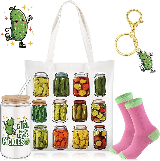 Paterr 4 Pcs Pickle Gifts for Women Pickle Themed Gift for Mother's Day Birthday Party Decorations, with Canvas Tote Bag 16oz Glass Coffee Cup with Straw Socks Cute Keychain